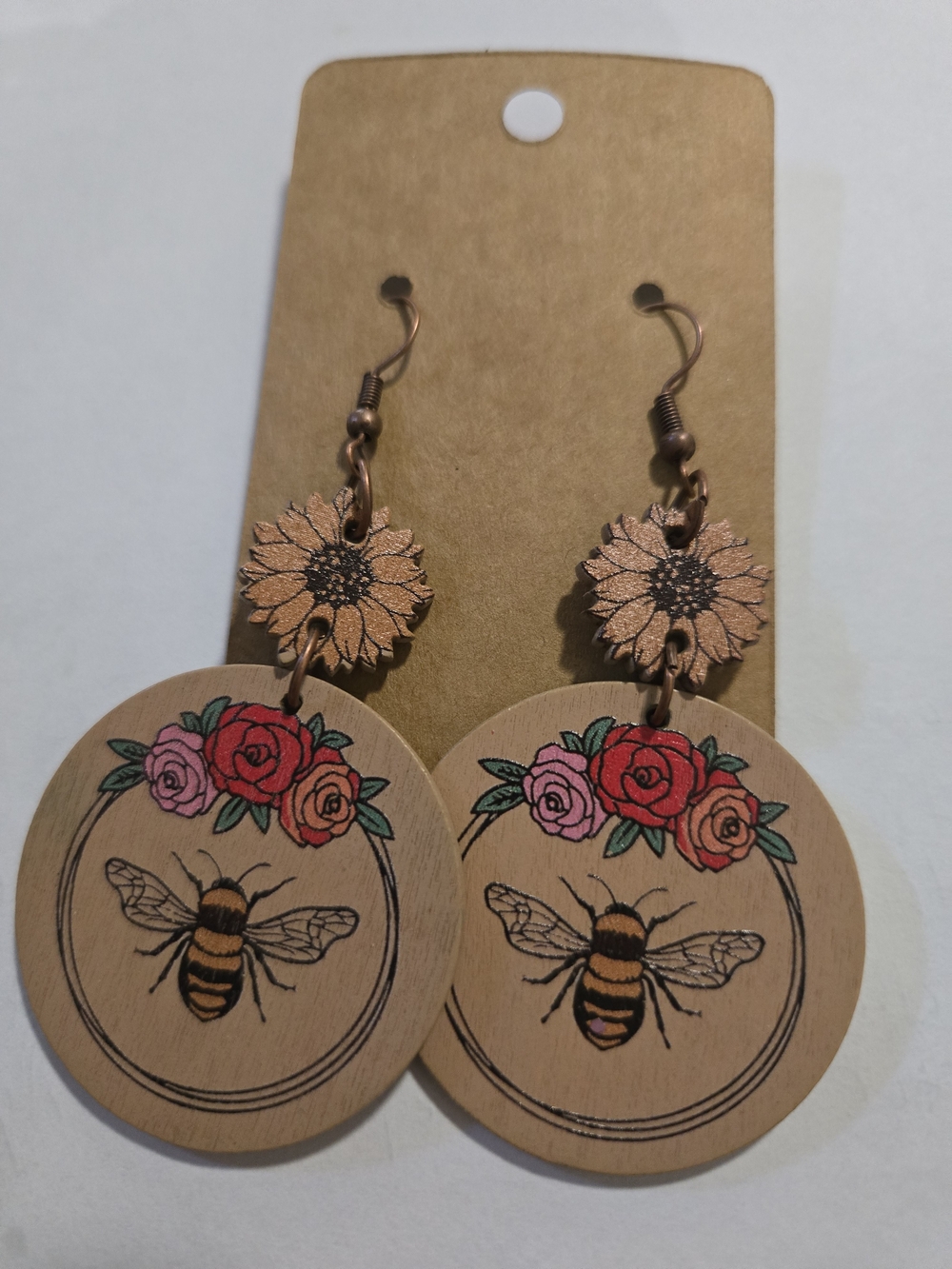 Floral Bee Wooden Drop Earrings - Pink, Red & Gold Accents